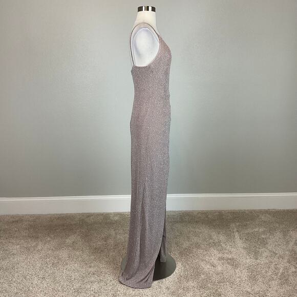 Betsy & Adam Metallic Knit Evening Gown Taupe Purple Size 6 Thigh Slit Formal - Picture 3 of 12